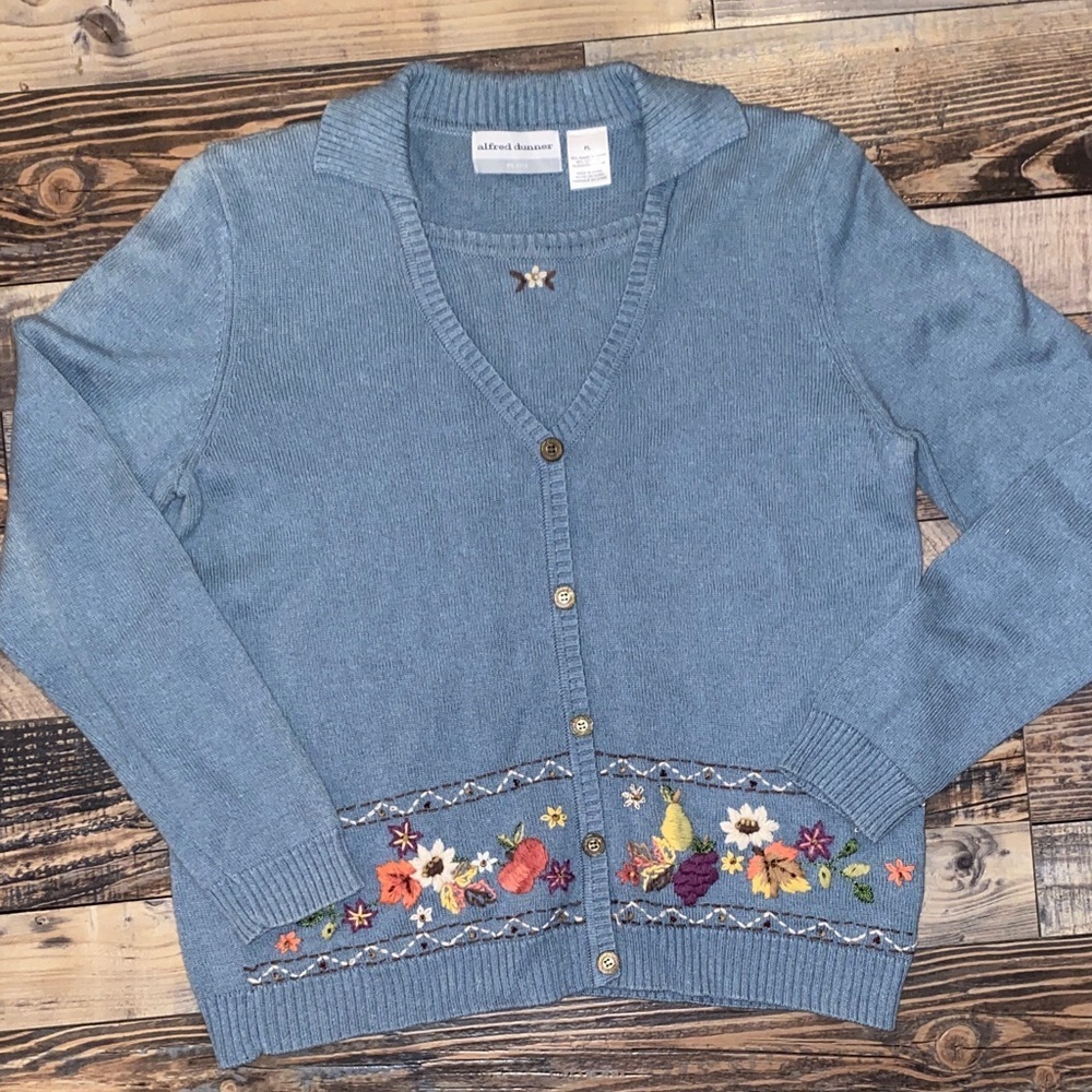 Vintage Alfred Dunner Blue Floral Embroidered Cardigan
